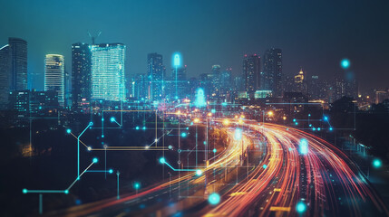 Smart digital Innovation city with connection network reciprocity over the cityscape. of future smart wireless digital city and social media networking systems that connects people with in city