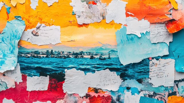 A vibrant vision board showcasing travel photos and colorful imagery.