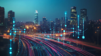 Fototapeta premium Smart digital Innovation city with connection network reciprocity over the cityscape. of future smart wireless digital city and social media networking systems that connects people with in city