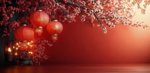 Fototapeta premium Beautiful red lanterns hanging amidst blooming cherry blossoms in a serene setting