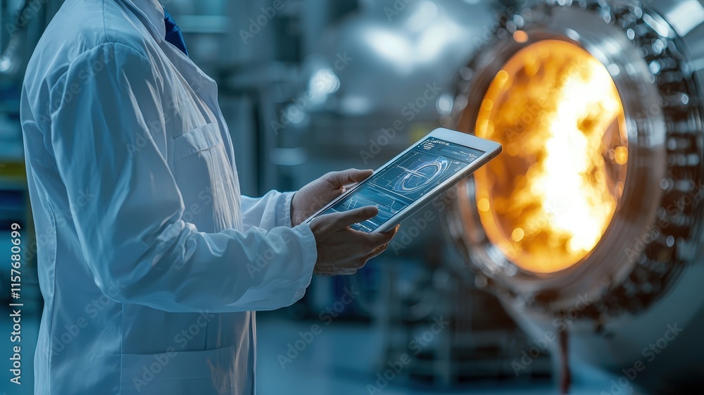 Poster scientist with tablet showing real-time fusion in a modern setting.