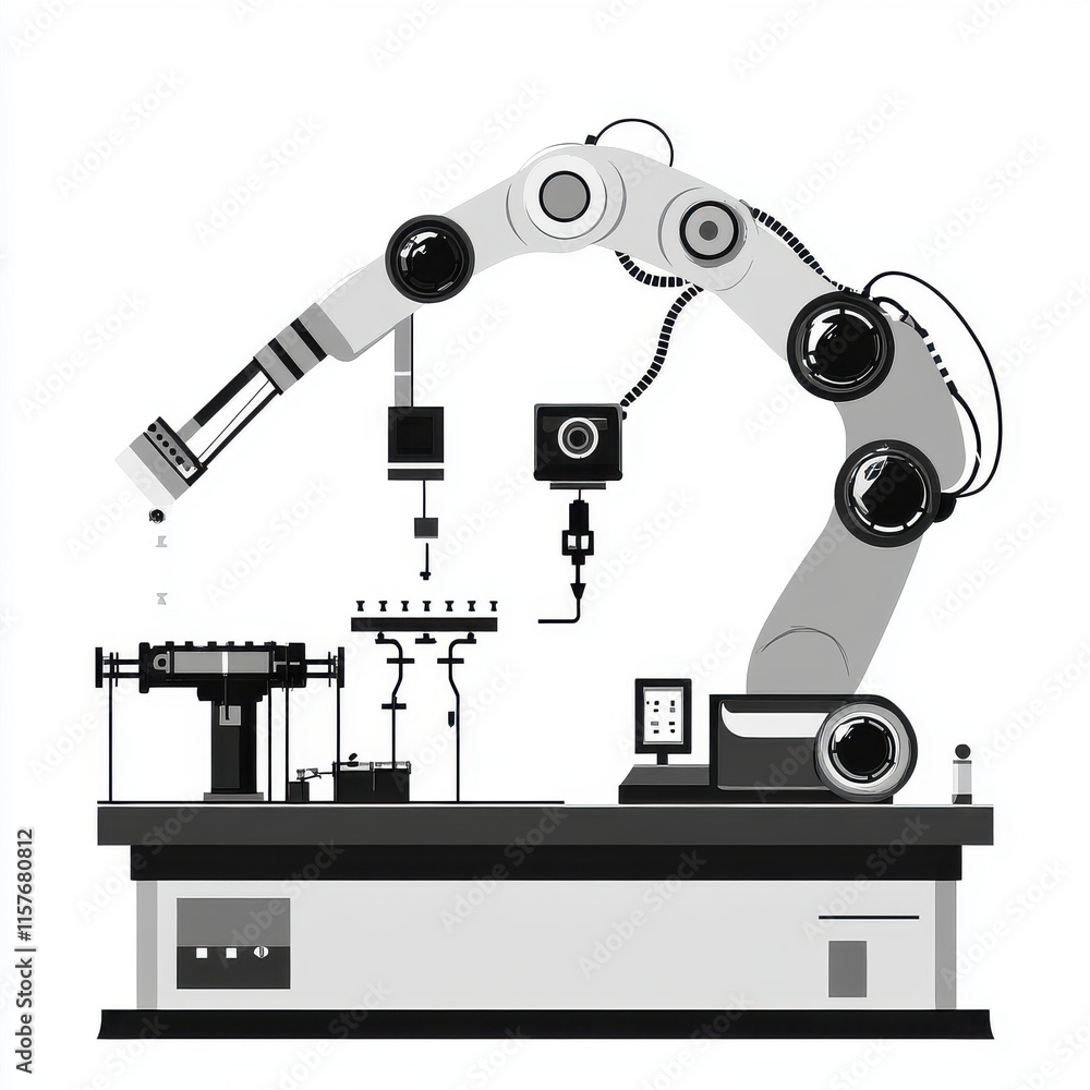 Poster a sleek industrial robotic arm in a minimalistic lab setting, showcasing precision and advanced tech
