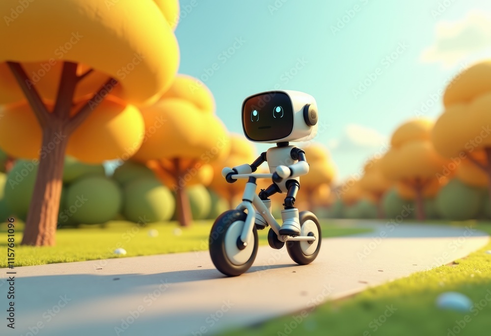 Aufkleber a white robot rides a bicycle on a path in a park with yellow trees.