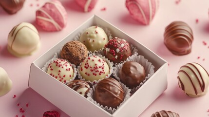 A variety pack of chocolates arranged neatly on a bright pink background