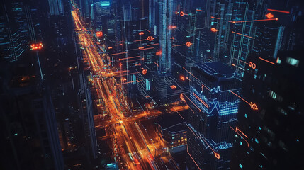 Fototapeta premium Smart digital Innovation city with connection network reciprocity over the cityscape. of future smart wireless digital city and social media networking systems that connects people with in city