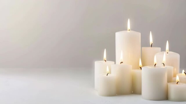 close up of burning candles on the white background with copy space