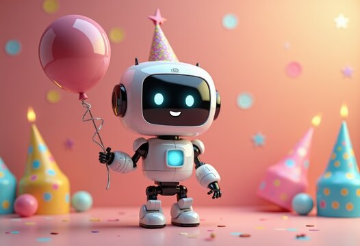 A cute robot holding a pink balloon with a party hat on celebrating with colorful decorations.
