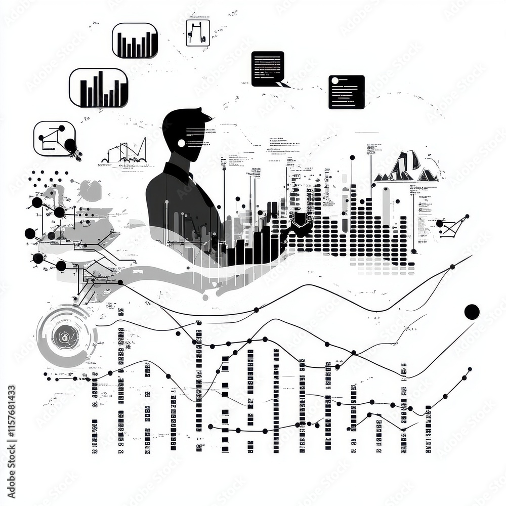 Aufkleber silhouette of a business professional analyzing data charts and graphs in a modern, abstract design.