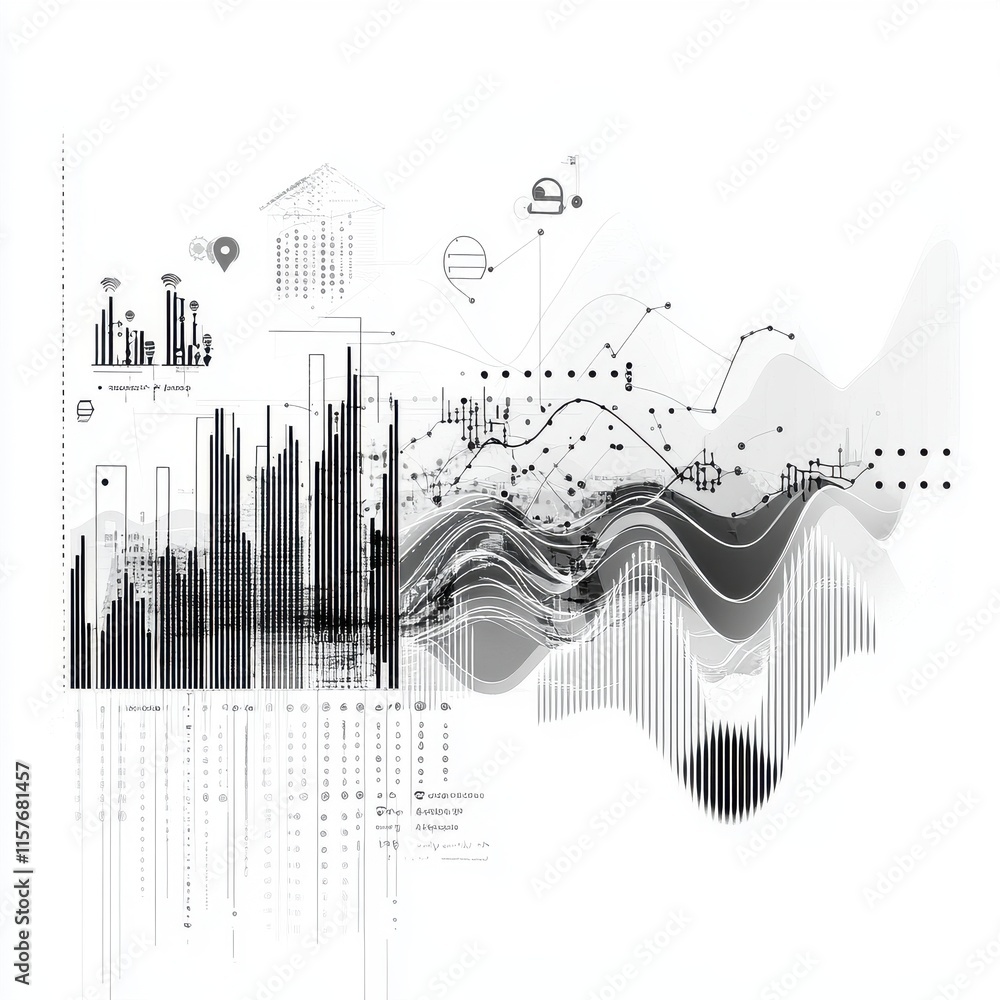Poster an abstract black and white data visualization showcasing various graphs and statistical elements.