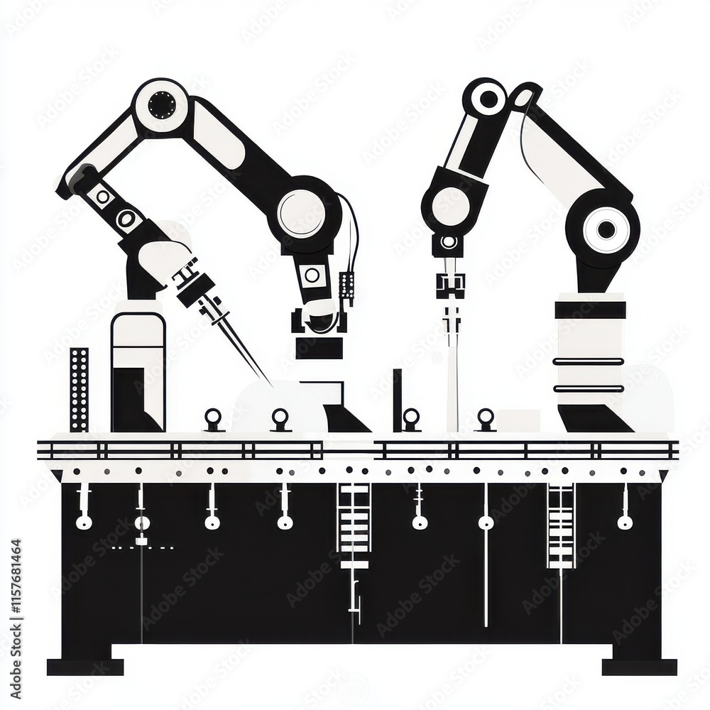 Poster two industrial robotic arms working in harmony on an assembly line, showcasing precision and automat