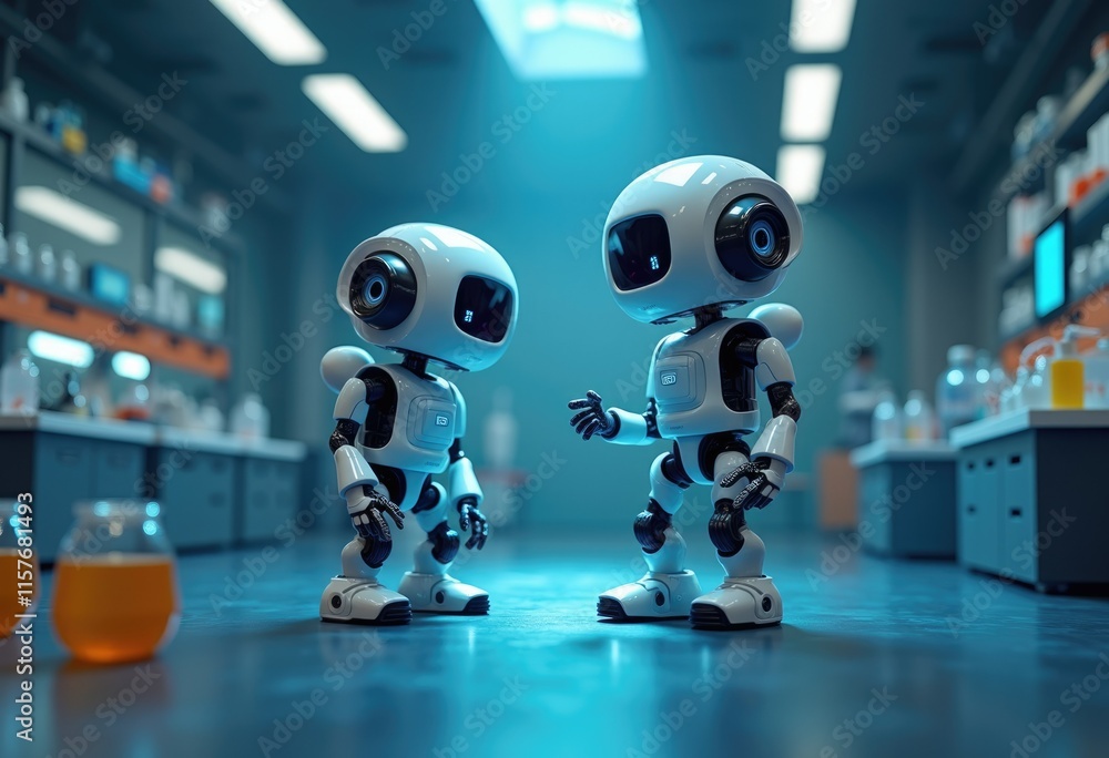 Aufkleber White robots in laboratory discussing scientific concepts or experiments.