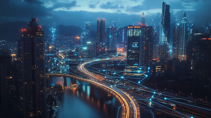 Fototapeta premium Smart digital Innovation city with connection network reciprocity over the cityscape. of future smart wireless digital city and social media networking systems that connects people with in city