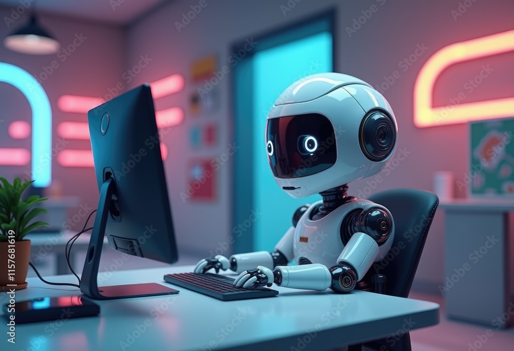 Poster A white robot with a black screen sits at a desk using a computer.