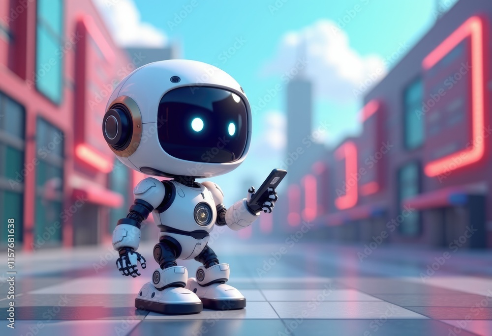 Poster A cute robot in a city setting  using a smartphone