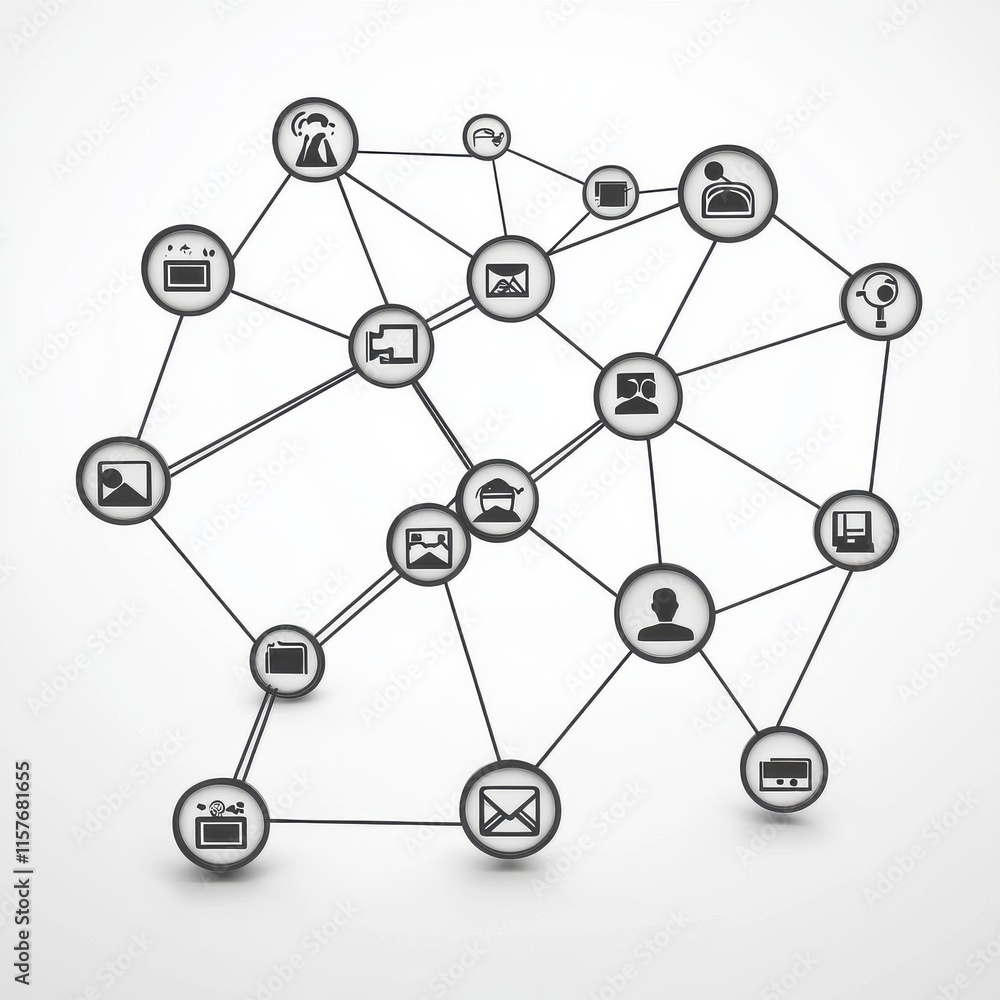 Aufkleber A dynamic network of interconnected communication icons representing digital connectivity and information exchange.