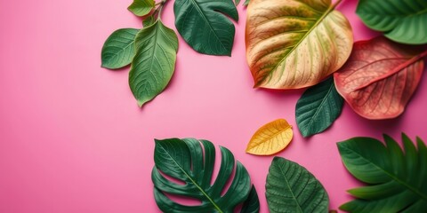 Naklejka premium Vibrant Tropical Leaves Arranged on a Pink Background, Ideal for Summer Designs and Nature-Inspired Projects