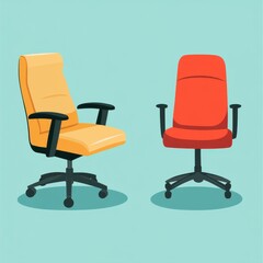 Fototapeta premium Two ergonomic office chairs, one in yellow and the other in red, on a teal background, showcasing modern design.