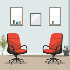 Two modern red office chairs in a stylish interior setting, perfect for collaborative work and meetings.
