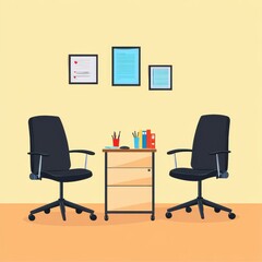 Two modern office chairs facing a small rolling desk in a bright workspace.