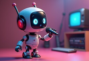 Naklejka premium A cute robot holds a microphone and sings in front of a computer.