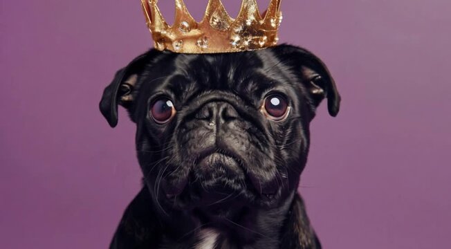 Black pug wearing a gold crown. The dog has a serious expression on its face. Concept of royalty and elegance