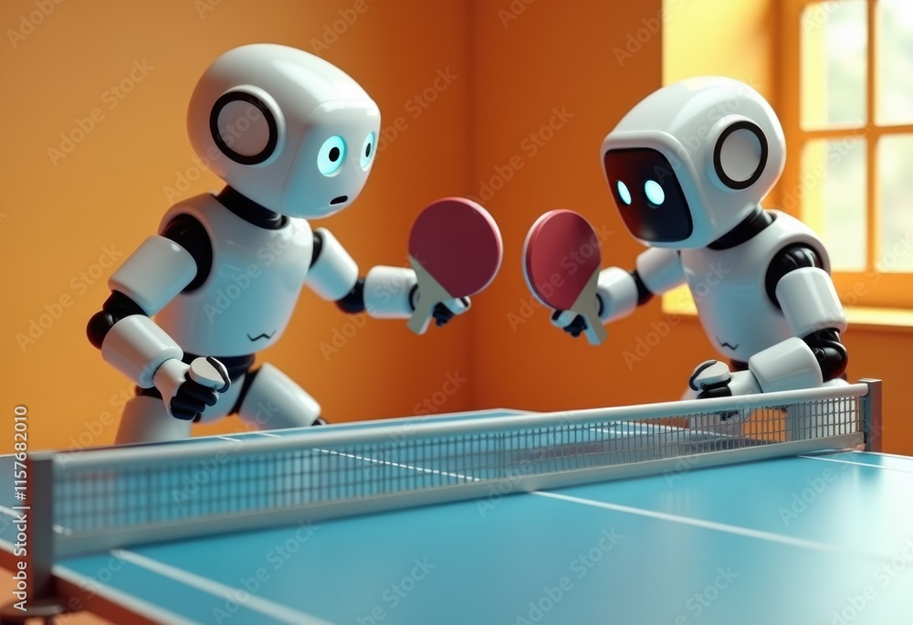 Poster Two white robots play ping pong with red paddles.