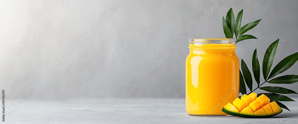 Poster mango smoothie in a jar with mango slices and palm leaves.