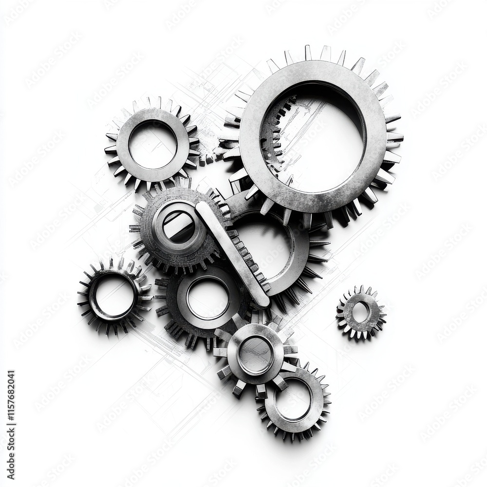 Poster a dynamic arrangement of metal gears on a blueprint background, symbolizing precision and engineerin