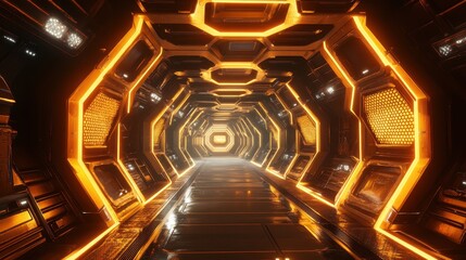 A stylized honeycomb structure, hexagons with sharp metallic edges, glowing amber interiors, futuristic vibe. 