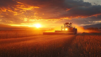 Fototapeta premium Dramatic Sunset Over Agricultural Field with Tractor Working the Land in Golden Light, Creating Dust and Enhancing Scenic Landscape Beauty