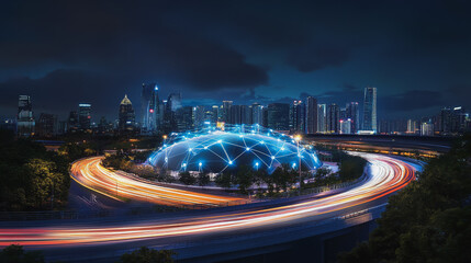 Smart digital Innovation city with connection network reciprocity over the cityscape. of future smart wireless digital city and social media networking systems that connects people with in city