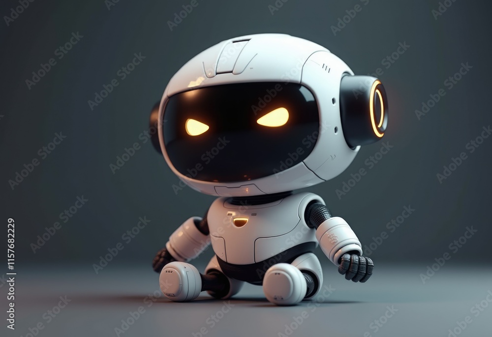 Aufkleber a white robot with glowing eyes sits on a gray surface.
