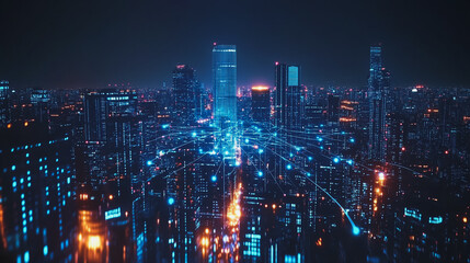 Fototapeta premium Smart digital Innovation city with connection network reciprocity over the cityscape. of future smart wireless digital city and social media networking systems that connects people with in city