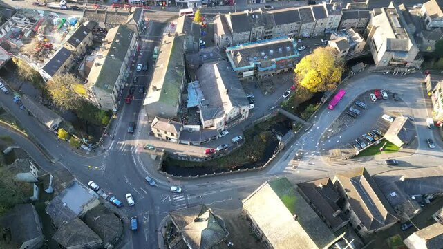 Aerial footage of the center of Holmfirth town in Kirklees Borough, West Yorkshire, England, UK