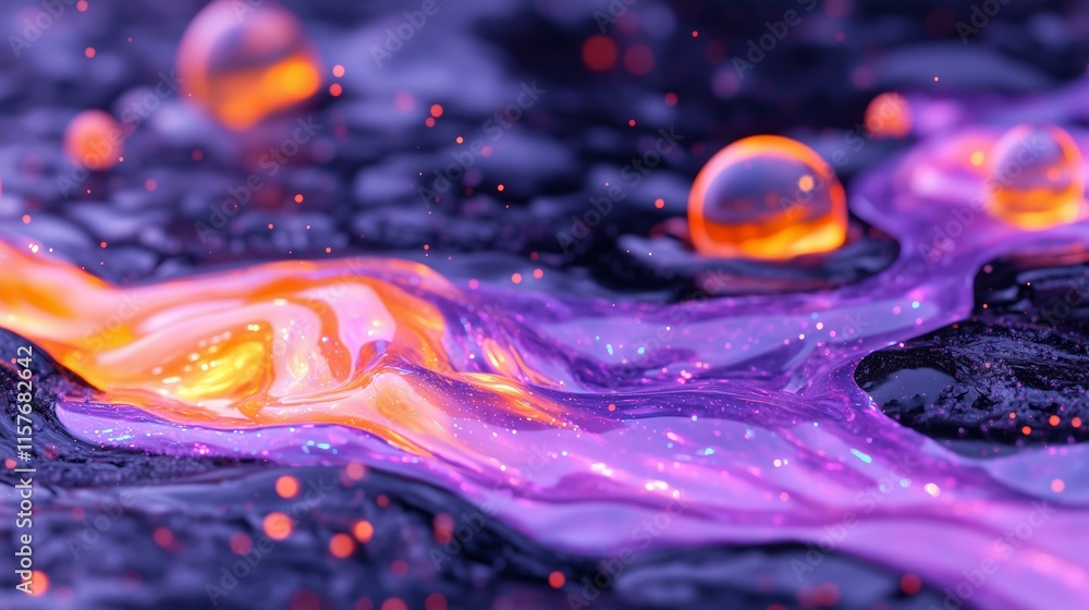 Wall mural glowing abstract fluid with neon orbs and dynamic vortex of colorful particles