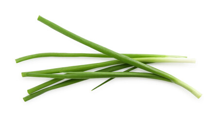 Fototapeta premium Fresh green onions isolated on white, top view