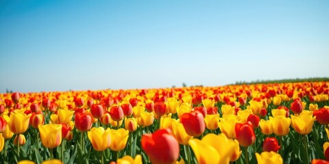 Vibrant spring field of red and yellow tulips blooming under a clear blue sky
