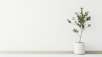 A small potted plant with lush green leaves placed on a white surface in front of a plain white wall, exuding a sense of calm and simplicity.