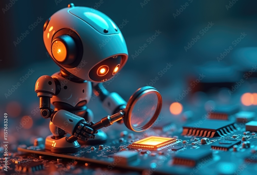 Aufkleber a small robot examines a circuit board with a magnifying glass.