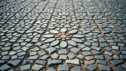A Detailed Close-Up of a Stone Mosaic Pavement Featuring a Central Floral Design