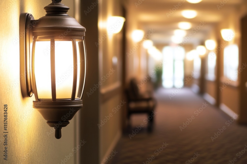 Poster a light source mounted on a wall in a typical hallway setting, suitable for use in various interior 