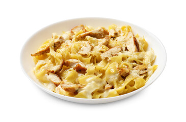 Tasty Alfredo pasta with chicken isolated on white