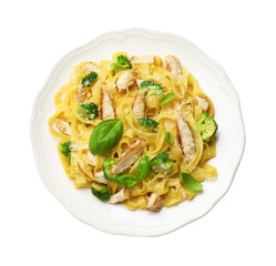 Delicious pasta Alfredo with chicken, cheese, broccoli and basil isolated on white, top view
