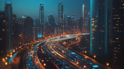 Fototapeta premium Smart digital Innovation city with connection network reciprocity over the cityscape. of future smart wireless digital city and social media networking systems that connects people with in city