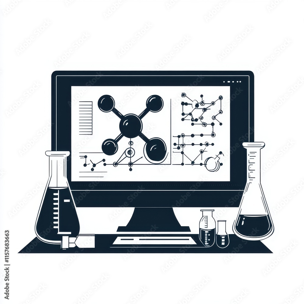 Poster laboratory setting with a computer displaying molecular structures and various flasks for scientific