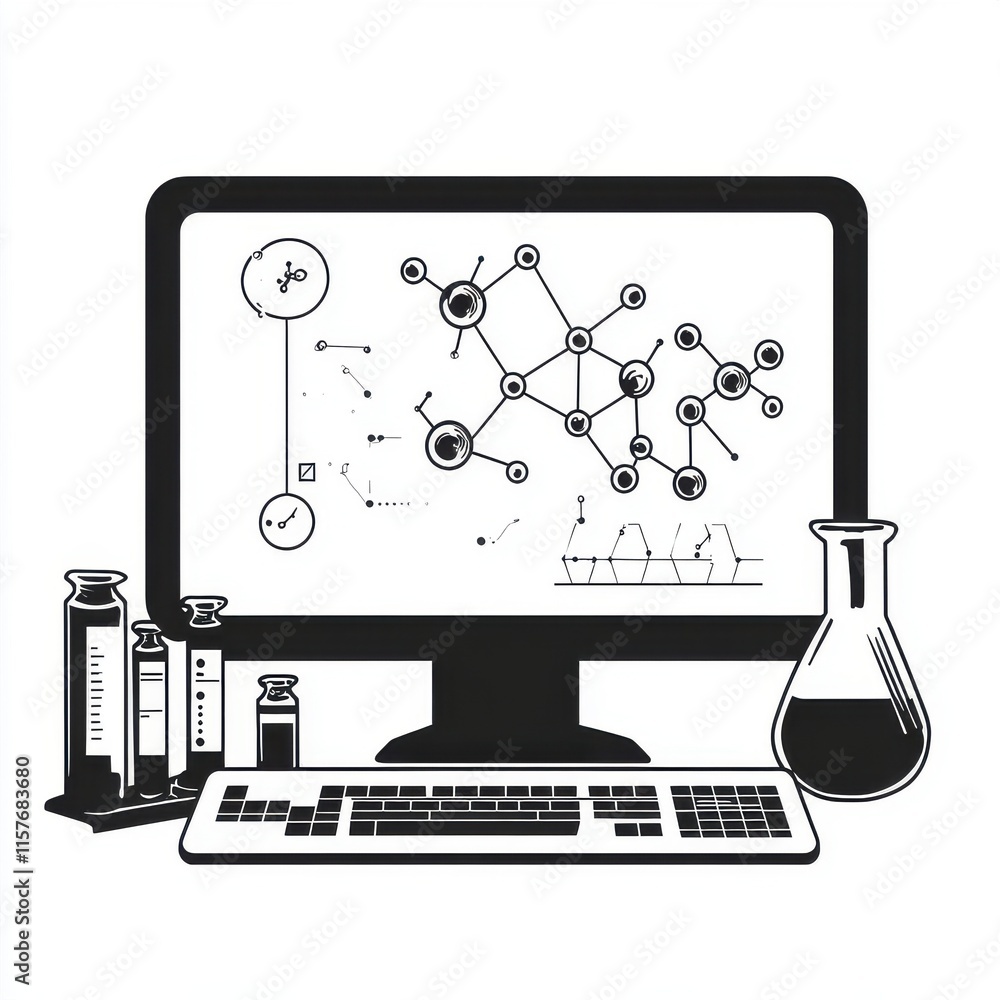 Poster a monochrome illustration of a computer screen displaying molecular structures, surrounded by labora