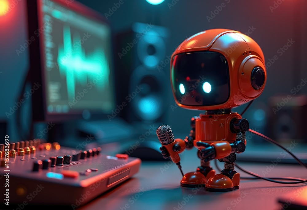 Poster a cute orange robot holding a microphone in a recording studio.