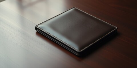 Sophisticated brown leather wallet resting on a polished wooden surface
