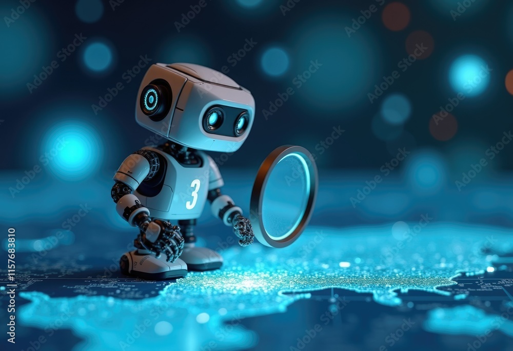 Poster A robot with a magnifying glass examines a digital map.