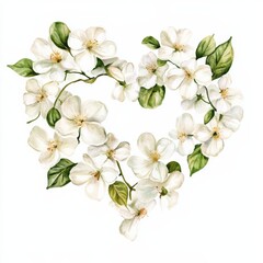 Fototapeta premium Watercolor White Flowers in Shape of Heart Isolated on White Background 